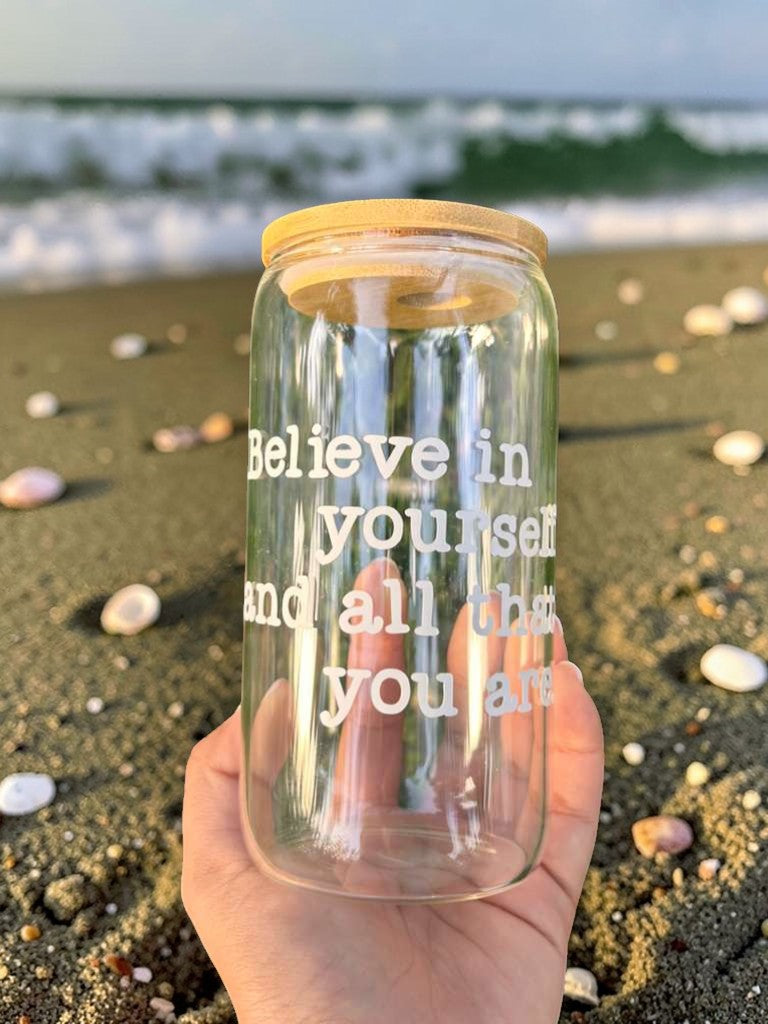 motivational glass cup with believe in yourself vinyl design reusable aesthetic drinkware lifestyle