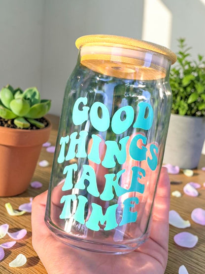 aesthetic glass cup with good things vinyl design reusable iced coffee drinkware lifestyle