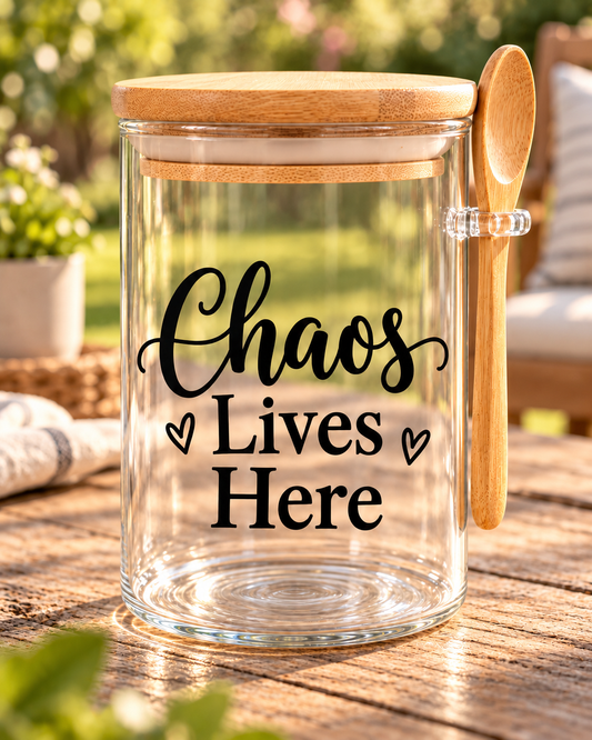 Chaos Lives Here Kitchen Glass Jar