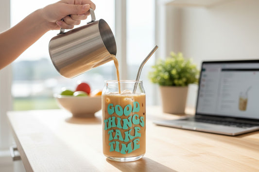 custom good things vinyl glass cup motivational iced coffee tumbler close up