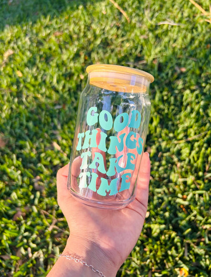 motivational good things tumbler glass cup with vinyl lettering aesthetic drink cup styled flat lay