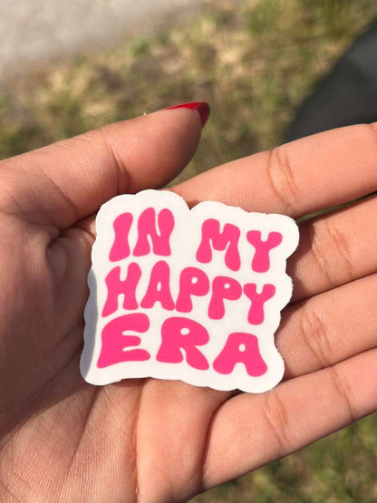 aesthetic vinyl quote sticker in my happy era applied on laptop or tumbler waterproof permanent decal