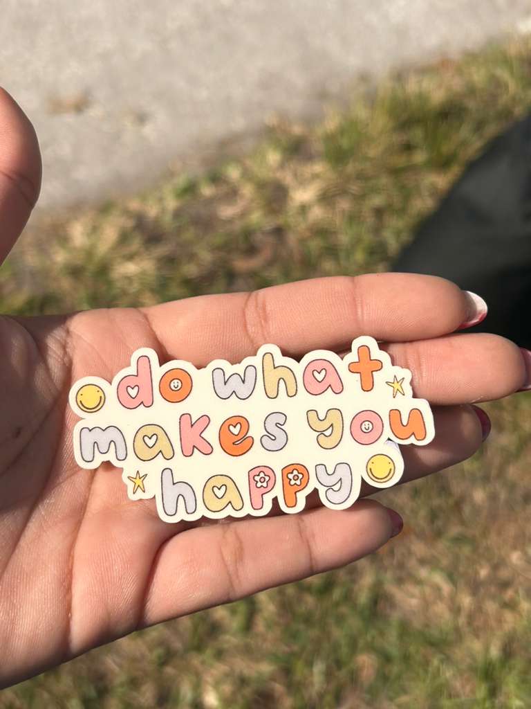 motivational vinyl quote sticker do what makes you happy applied on laptop or tumbler waterproof decal aesthetic style