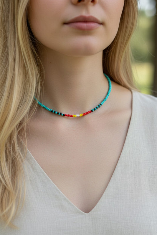 handmade island pop necklace with colorful beads tropical aesthetic jewelry close up