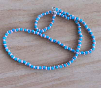 Pink and Blue Beaded Necklace - Ka_creative_art