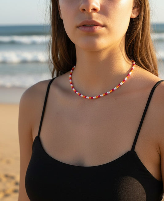 handmade tropical sunset necklace with colorful beads beach aesthetic summer jewelry close up